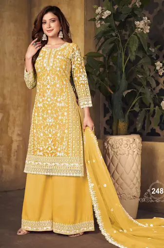 Vibrant Mustard Yellow Heavy Cording Work Net Salwar Suit