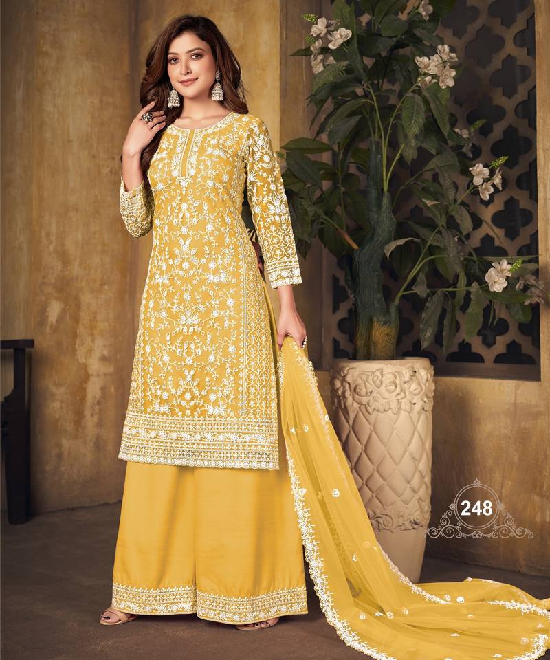 Vibrant Mustard Yellow Heavy Cording Work Net Salwar Suit