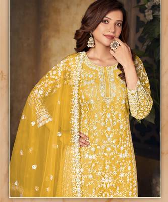 Vibrant Mustard Yellow Heavy Cording Work Net Salwar Suit 2