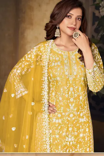 Vibrant Mustard Yellow Heavy Cording Work Net Salwar Suit