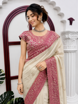 Off White Color Intricate Thred With Sequnce Work Glass Organza Silk Blend Saree  1