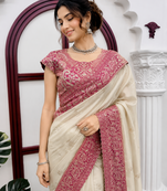 Off White Color Intricate Thred With Sequnce Work Glass Organza Silk Blend Saree 