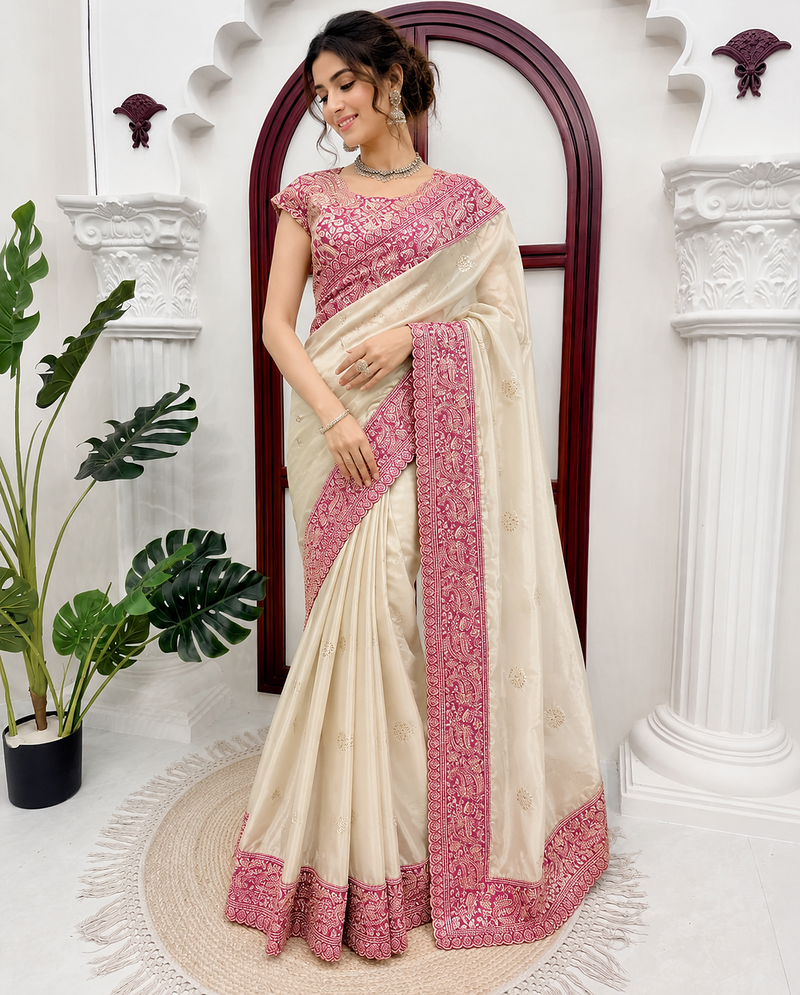 Off White Color Intricate Thred With Sequnce Work Glass Organza Silk Blend Saree 
