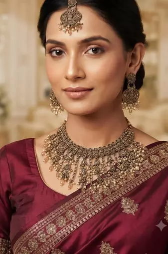 gold color mehandi-plated agate stone necklace set with earrings & maang tikka