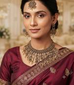 gold color mehandi-plated agate stone necklace set with earrings & maang tikka