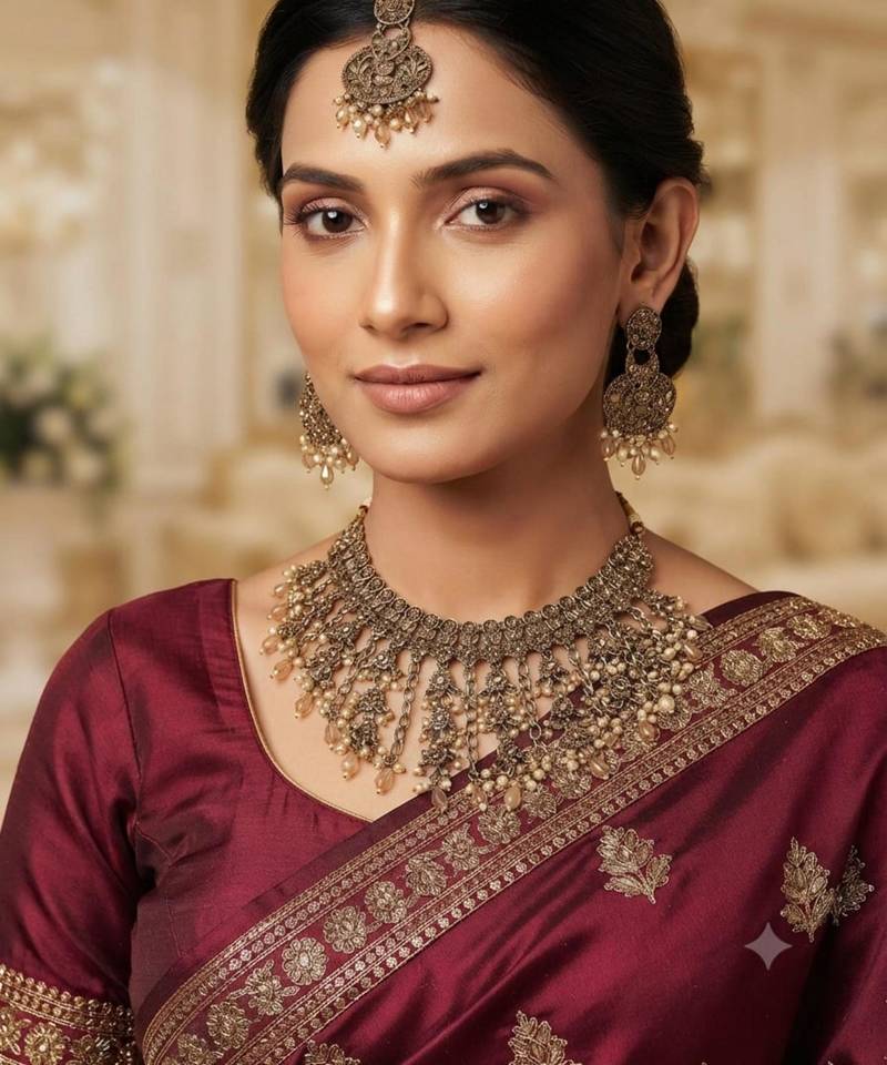 gold color mehandi-plated agate stone necklace set with earrings & maang tikka