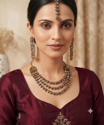 mehandi-plated agate stone necklace set with earrings & maang tikka 1