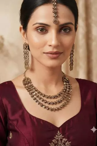 mehandi-plated agate stone necklace set with earrings & maang tikka
