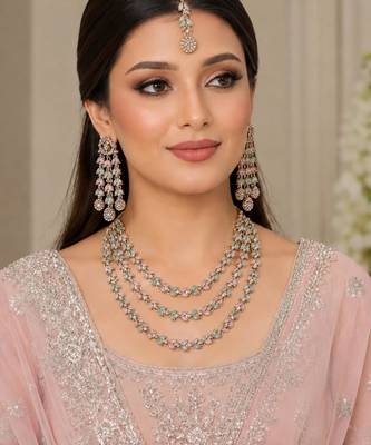 Pink & pista mehandi-plated agate stone necklace set with earrings & maang tikka 1