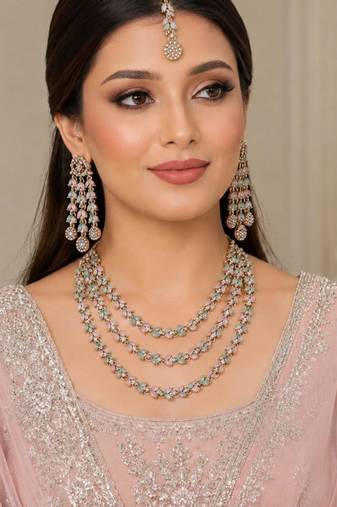Pink & pista mehandi-plated agate stone necklace set with earrings & maang tikka