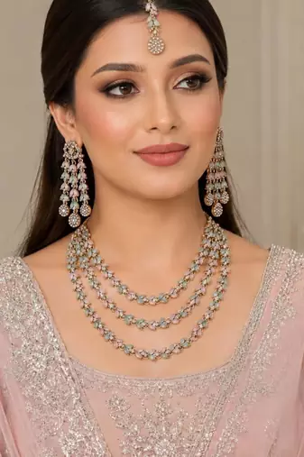 Pink & pista mehandi-plated agate stone necklace set with earrings & maang tikka