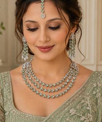 Pista mehandi-plated agate stone necklace set with earrings & maang tikka 1