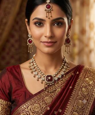 Maroon mehandi-plated agate stone & kundan necklace set with earrings & maang tikka 2