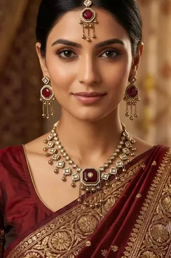 Maroon mehandi-plated agate stone & kundan necklace set with earrings & maang tikka