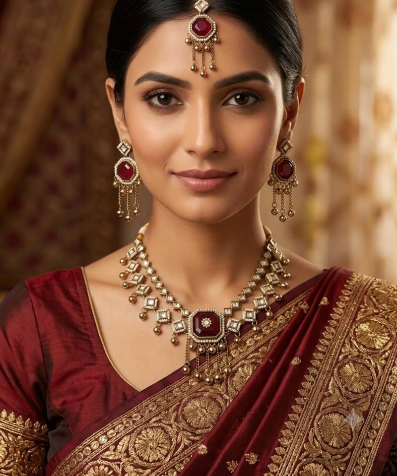 Maroon mehandi-plated agate stone & kundan necklace set with earrings & maang tikka