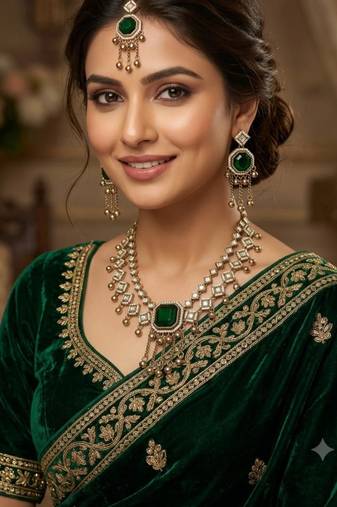 Green mehandi-plated agate stone & kundan necklace set with earrings & maang tikka