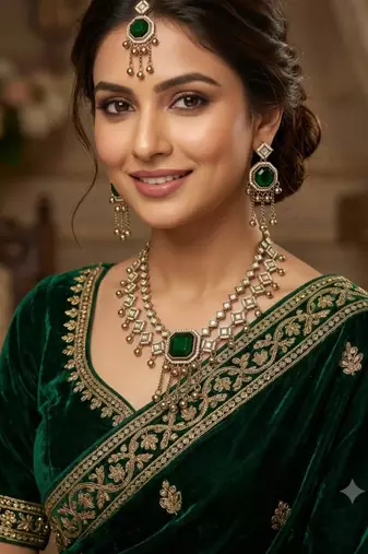 Green mehandi-plated agate stone & kundan necklace set with earrings & maang tikka