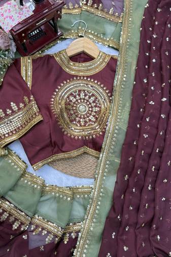 Brown Color Intricate Thred With Sequnce Work Tibby Silk Blend Saree
