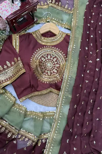 Brown Color Intricate Thred With Sequnce Work Tibby Silk Blend Saree