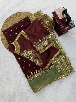 Brown Color Intricate Thred With Sequnce Work Tibby Silk Blend Saree 2