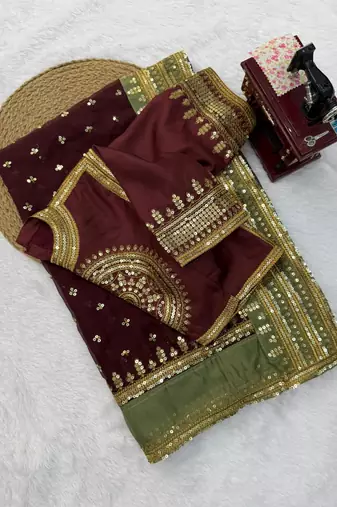 Brown Color Intricate Thred With Sequnce Work Tibby Silk Blend Saree