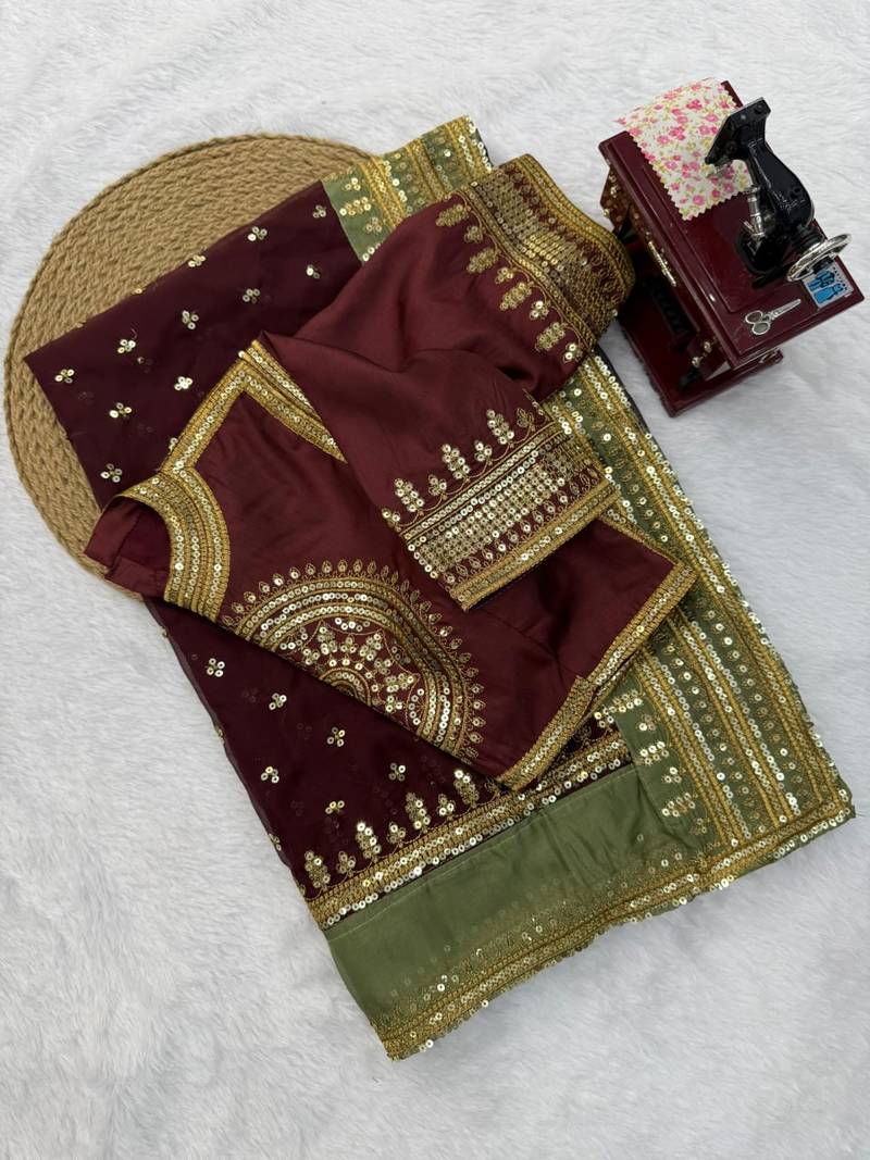 Brown Color Intricate Thred With Sequnce Work Tibby Silk Blend Saree