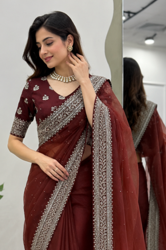 Brown Color Thred & Sequnce work with Diamond Havy Organza Silk Blend Saree  