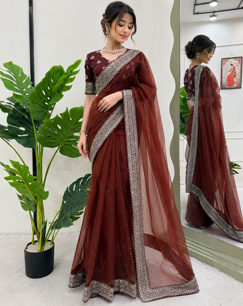 Brown Color Thred & Sequnce work with Diamond Havy Organza Silk Blend Saree  