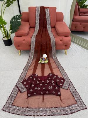Brown Color Thred & Sequnce work with Diamond Havy Organza Silk Blend Saree   4