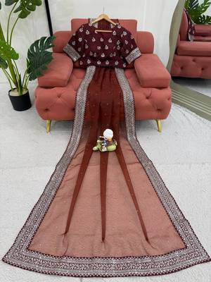 Brown Color Thred & Sequnce work with Diamond Havy Organza Silk Blend Saree   5
