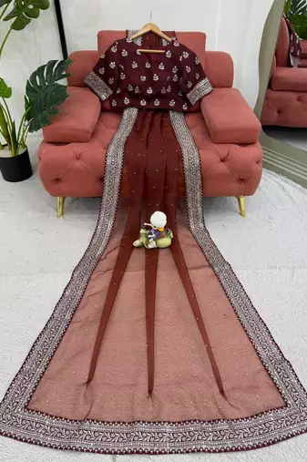Brown Color Thred & Sequnce work with Diamond Havy Organza Silk Blend Saree  