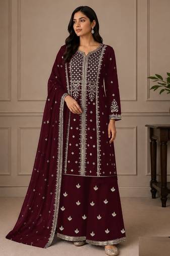 Maroon georgette semi stitched wedding suits