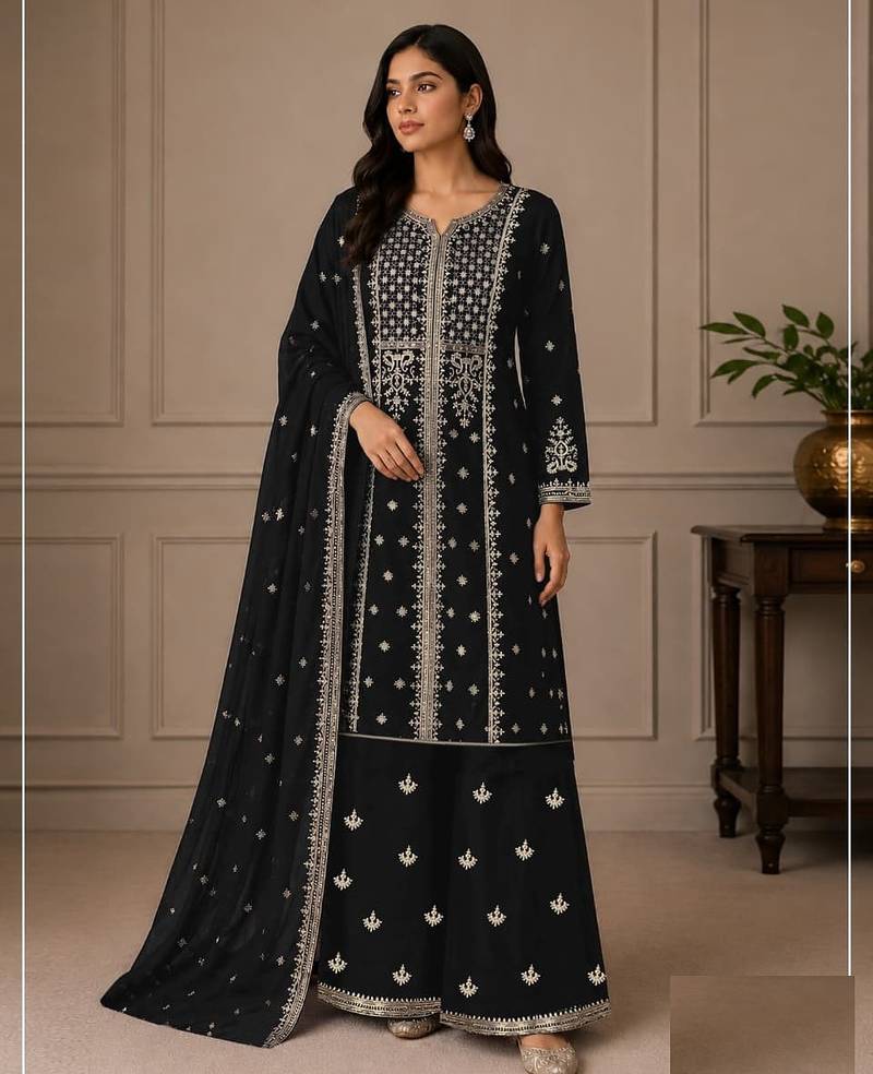 Black georgette semi stitched wedding suits