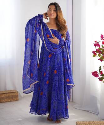  bandhani printed chiffon flared anarkali pant and dupatta set 1
