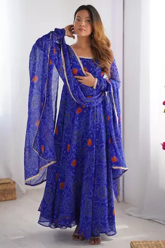  bandhani printed chiffon flared anarkali pant and dupatta set