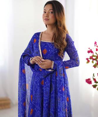  bandhani printed chiffon flared anarkali pant and dupatta set 2