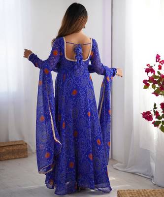  bandhani printed chiffon flared anarkali pant and dupatta set 3