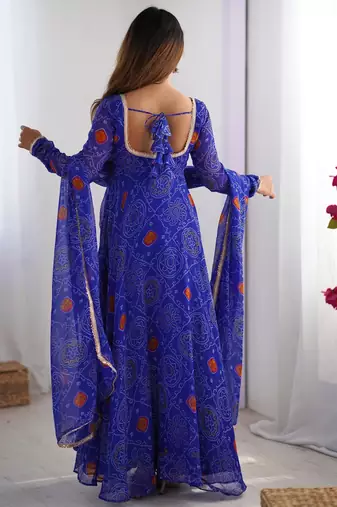  bandhani printed chiffon flared anarkali pant and dupatta set