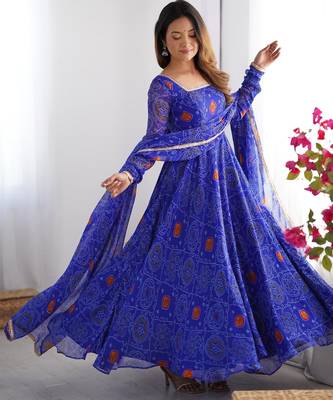  bandhani printed chiffon flared anarkali pant and dupatta set 4
