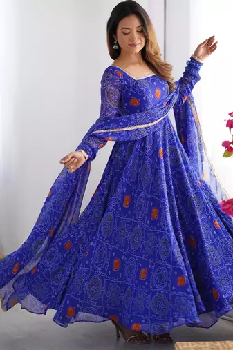  bandhani printed chiffon flared anarkali pant and dupatta set