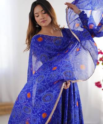  bandhani printed chiffon flared anarkali pant and dupatta set 5