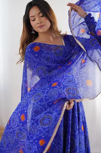  bandhani printed chiffon flared anarkali pant and dupatta set