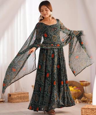  bandhani printed chiffon flared anarkali pant and dupatta set 1