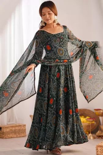  bandhani printed chiffon flared anarkali pant and dupatta set