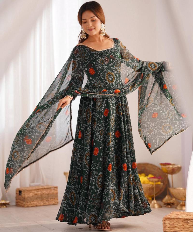  bandhani printed chiffon flared anarkali pant and dupatta set