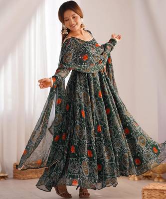  bandhani printed chiffon flared anarkali pant and dupatta set 2