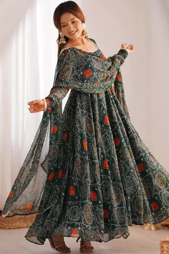  bandhani printed chiffon flared anarkali pant and dupatta set