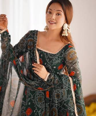  bandhani printed chiffon flared anarkali pant and dupatta set 3