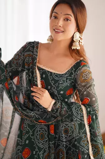  bandhani printed chiffon flared anarkali pant and dupatta set