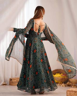  bandhani printed chiffon flared anarkali pant and dupatta set 4